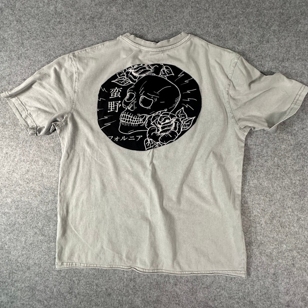 Zara T-Shirt Large Gray Mens Skull Rose Graphic Distressed Sewn Custom Vintage
